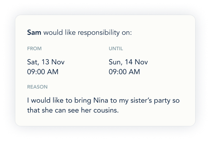 Example of a schedule change request on OurFamilyWizard