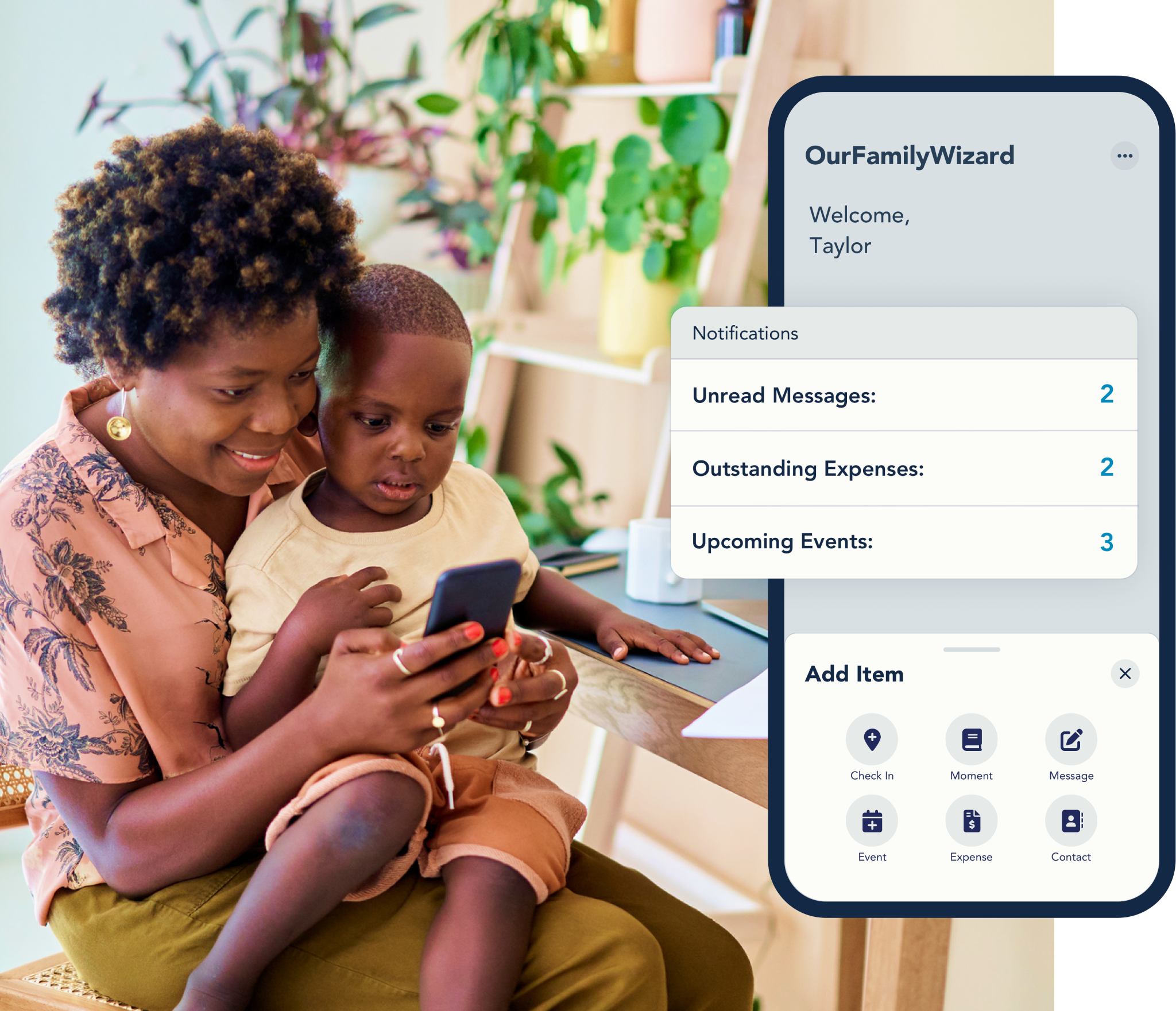 OurFamilyWizard app homescreen and notifications