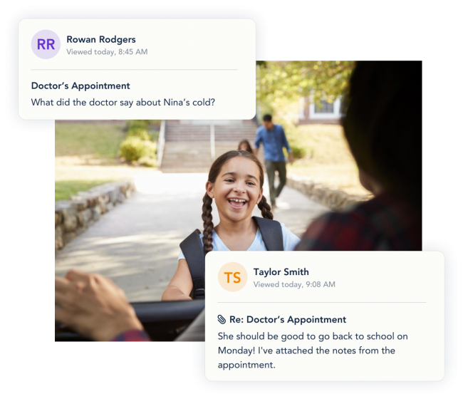 Examples of two messages in OurFamilyWizard with first viewed timestamps and attachments.