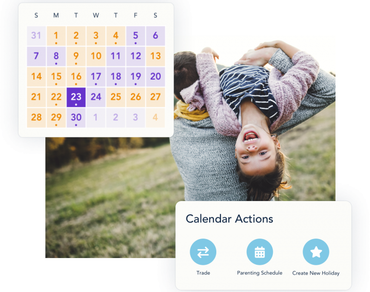 Picture of a month view of a calendar with color coded days depicting which parent has parenting time on which day.