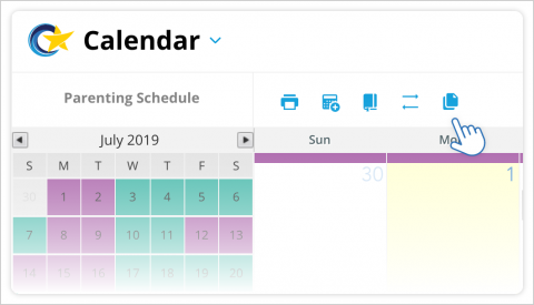 Screenshot of client calendar in client view mode, cursor pointing to Trade/Swap™ report button.