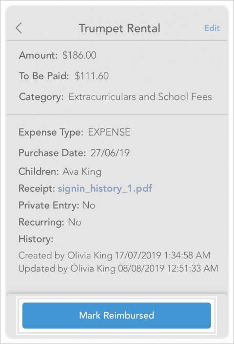 Mark Expense a Reimbursed