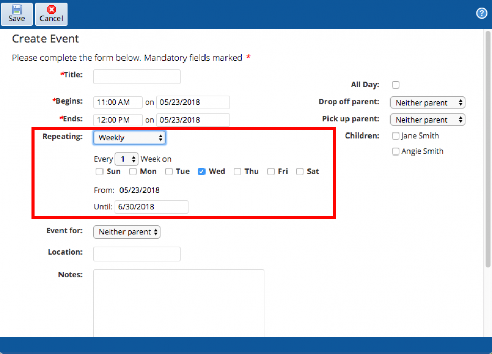 Repeating event settings on the website