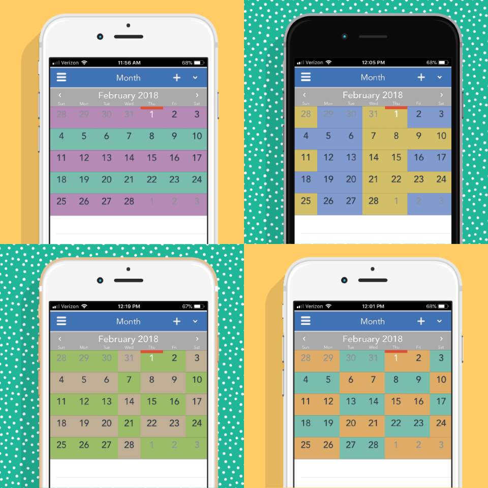 The OFW parenting schedule can accommodate any parenting plan pattern and can be updated with custom colors.