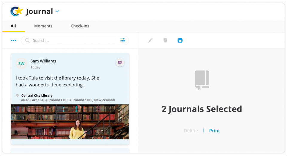 Select multiple entries directly from your journal feed to print them in a single report.