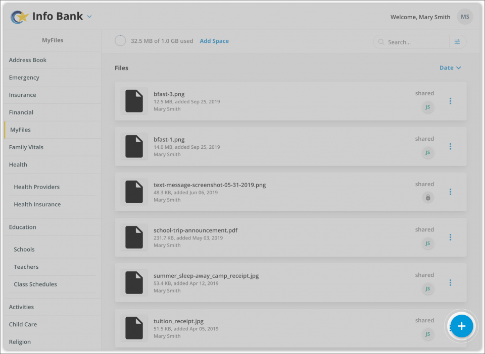 Click the blue circle to the bottom-righthand corner of your MyFiles screen to add a new file.