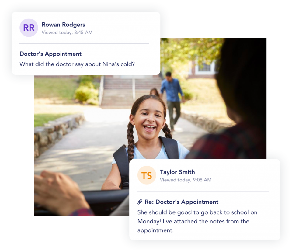 A girl wearing a backpack greets her mother at school pickup. Pop-up messages around her describe her recent doctor's appointment.